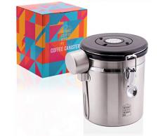 NOUTEN® Premium 500g Kaffeedose aus Edelstahl zur Aufbewahrung von Kaffee – Licht- und Luftdichter Vorratsbehälter – Inkl. Edelstahldosierlöffel, Halterung und 2 Ersatzventile! - AROMADOSE | TEEDOSE