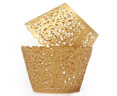 Hacoly 50 Cupcake Wrappers Kuchen Papier Tasse Filigree Künstlerische backen Papierbecher Rebe Spitze Tassen Baking Cup Kuchenverpackung Kasten Untersatz für Hochzeit Geburtstag Dekoration - Golden