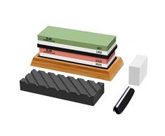 Wetzstein Schleifstein Set (Körnung 400/1000, 3000/8000), Profi Abziehstein für Messer, Messerschärfer mit Rutschfester Bambusbasis, Silikonhalter, Läppstein, Winkelführung, Steinpräparierer