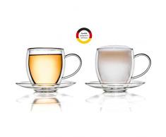 Creano doppelwandiges Thermoglas 250ml, 2er-Set, großes hitzebeständiges Teeglas BZW. Kaffeeglas aus Borosilikatglas, Tasse mit Untertasse, Glas