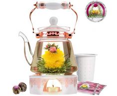 Teabloom Teekanne Buckingham Palace & Blühendes Teegeschenk Set - Herdplattensichere Teekanne (1200 ml), Porzellandeckel, Teewärmer, Infuser aus Porzellan für losen Tee, 2 blühende Gourmet Rosen Tees