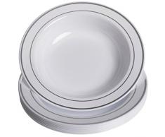 GRÄWE Einweg-Suppenteller Ø 19 cm, 10er Set - tiefe Kunststoff-Teller in Porzellan-Optik, weiß/silber