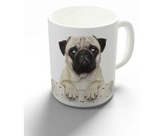 Merchandise for Fans Becher aus Keramik - 330 ml Motiv: Mops schaut frech über Stuhllehne (08)