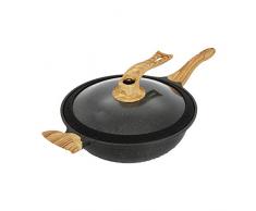Kratzfeste Beschichtung, Antihaft-Bratpfanne aus Wok, Rauchfreier Topf, Suppentopf, Für Gasherd Induktionsherd Elektrokeramikherd Halogenofen, Wok, Pfanne, Gehärteter Glasdeckel,-Solidwoodgrain