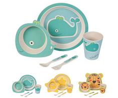BIOZOYG Kinder Geschirr Set aus Bambus 5 teilig I Kindergeschirr Set Wal bpa frei I Tafelservice aus Kinderbesteck Müslischale Trinkbecher Kinderteller I Recycling Natur Material