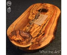 What the Art!® Olive Wood «Rustic» Gr. XL | Olivenholz Schneidebrett inkl. Dip-Schälchen + Geschenk | ca. 40-42 x 18-24 x 2 cm | Käsebrett - Hackbrett - Tranchierbrett - Servierbrett