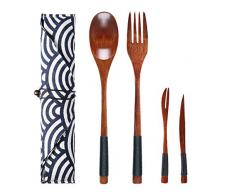 EQLEF Holz Wiederverwendbare Besteck Set umweltfreundliche Besteck im japanischen Stil Geschirr Kit für Reisen Camping Bento Mahlzeit Gabel Löffel kleine Frucht Kuchen Messer Gabel Set - 4 Stück