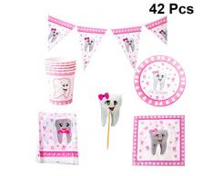 PRETYZOOM Geburtstag Einweggeschirr Set Papier Geschirr Besteck Obst Picks Pappbecher Teller Servietten Banner Tischdecke für Babyparty Festival Party Gefälligkeiten 42Pcs (Rosa)