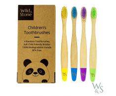 Wild & Stone | Bio-Bambus Kinder Zahnbürste | Vier Farben | Weiche Faserborsten | 100% biologisch abbaubarer Griff | Vegane umweltfreundliche Kinderzahnbürsten