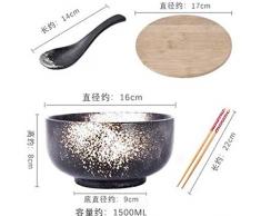 Keramik-Schale Schwarze ESS-Stäbchen Ramen Suppenschüssel Schüssel Löffel Steingutgeschirr Abdeckung Retro Hand Gezeichnet Salatteller,Blau