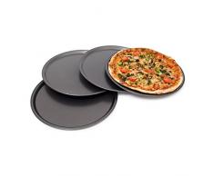 Relaxdays rundes Pizzablech, Backblech 4er Set, Backset aus beschichtetem Carbonstahl, Pizza & Flammkuchen, 33cm Ø, grau