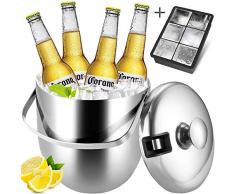 Caiery 3L Eiseimer 304-Edelstahl/eiskübel Lebensmittelechter Edelstahl/doppelstöckiger Eiswürfelbehälter Edelstahl Eiseimer Eisbehälter mit Zange und Deckel & Großes Eiswürfelform Silikon