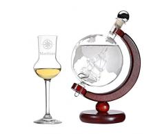 polar-effekt Geschenk-Set Personalisiert - Flasche Weltkarte und Schiff Globus befüllt 500 ml Grappa - Grappaglas 87ml Grappakelch mit Gravur - Geschenkverpackung - Motiv Kompass