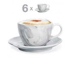 Hausmann & Söhne Cappuccino Tassen dickwandig | Set 12-TLG. | 6er Set graue Marmor Tassen mit Untertasse | Porzellan | Tasse 170 ml (210 ml randvoll) | Cappuccinotassen mit Untersetzer | Geschenkidee