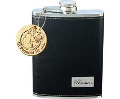 Sehr schöner Flachmann mit Lederummantelung schwarz inkl. Wunschgravur, Wunschtext, Namen