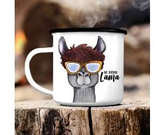 Campingbecher aus Emaille bedruckt „No Drama Lama“ mit süßem Lama von Wandtattoo-Loft® / Emaille Tasse / Becher mit Motiv / Outdoor / Kindertasse / schwarzer Tassenrand