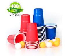 MOZOOSON 100x Trinkbecher Beer Pong Becher Partybecher Set Rot und Blau 473ml Bier Pong Cups mit Bällen, 16oZ für Getränke Party Camping Cocktail Bier Neues Jahr Weihnachten Geburtstag Festivals