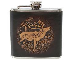 Flachmann Trachtenflachmann Leder Hirsch Wild Jagd Jägerflachmann Taschenflasche Trinkflasche Edelstahl mit brauner Leder-Ummantelung geprägt Handarbeit pocket flask bottle