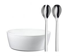 WMF Nuova Salatschüssel, Set 3-teilig, Salatbesteck, mit Salatschale, Cromargan Edelstahl poliert, spülmaschinengeeignet, Porzellan, L 30 cm