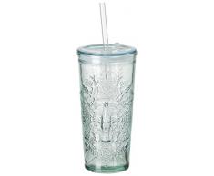 Coca Cola Relief Glas To Go Wappen, 530 ml, Trinkbecher aus 100% recyceltem Glas mit Deckel und Trinkhalm