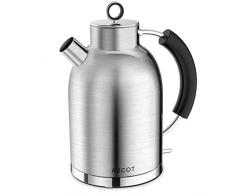 Wasserkocher Edelstahl, ASCOT Elektrischer Wasserkessel, 2200 W, 1,6 liter, Retro Design, kabelloser Teekocher, BPA frei, Trockengehschutz, automatische Abschaltung, (Matt)