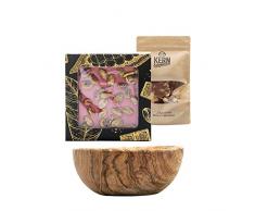 KERNschmelze Starter Bundle | Weihnachtliche Schokoladentafel, Vollmilch-Haselnuss Schokoladenstücke & Olivenholzschale | feine Schokolade mit Premium Nüssen