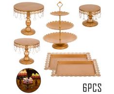 Hopopula 6 Set Gold Tortenständer Hochzeitstorte Platte Kuchen Cup Pan Korb CupcakeHalter mit Anhänger und Perlen Stand Gebäck Halter für Hochzeit Geburtstag Party