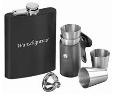 Edelstahl Flachmann Set inkl. Gravur schwarz Schnapsgläser Einfülltrichter Lasergravur Flachmannset
