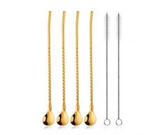 Umiwe Wiederverwendbare Strohhalme Löffel, 2 in 1 Metall Rührer 6er Set Mit 2 Reinigungsbürsten Für Milchshake Größe,Bar Cocktail Rühren Kaffee Smoothies Rührlöffel Cola Trinkhalme (Gold)