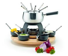 Mäser 931229 Fondue-Set 23-teilig, Edelstahl Fonduetopf inklusive Spritzschutz, Rechaud, Drehkarussell aus Holz, Fonduegabeln, Schälchen, Grau/Schwarz