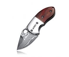 KUBEY KU66-1 Damast Taschenmesser - Holzgriff Mini Klappmesser aus Damaststahlklinge - Eindhand Klein Messer - Outdoor & Camping Messer Ideal für Wandern Jagd und DIY Arbeit
