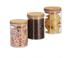 Relaxdays Vorratsdosen Glas, 3er Set, für Pasta, Reis, Müsli, Kaffeebohnen, Volumen 600 ml, HxD 14x9,5 cm, Bambus, natur