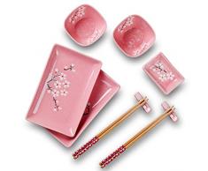 Panbado Porzellan Japanisch Sushi 10-teilig Set, Rechteckig Sushi Teller mit Reisschalen, Dipschälchen, Bambus Essstäbchen und Essstäbchen Ablage für 2 Personen, Sakura Muster, Rosa