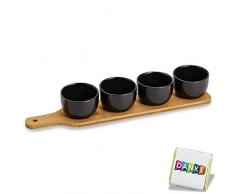 Vorspeisen Schälchen Set auf Bambus Tablett, Teller Set, 5 Teile Set Servier Teller schwarz,4 Soufflé Förmchen,Servierschalen Set Tapas Schalen auf Bambusholz, servierbrett Holz & 4 Dessert Gläser