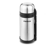 Pioneer Outdoor-Isolierflasche aus Hochwertigem Edelstahl mit Griff und Tasse 1,2 L Doppelwandig Auslaufsicher 8 Stunden Heiß oder Kühl BPA Frei - Gebürsteter Stahl