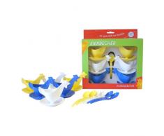 Frühstücks-Set Eierbecher Huhn 6 Eierbecher und 6 Eierlöffel je 2 x blau, 2 x weiß, 2 x gelb im Geschenk-Set DDR Eierbecher