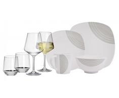 Hekers Melamin-Geschirr Circle grau elfenbeinweiss eckig16 TLG für 4 Personen + 4 Weingläser u. 4 Tumbler/Wassergläser aus Polycarbonat Camping-Geschirr Tafel-Service Picknik Trekking Outdoor