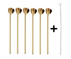 ALTcompluser 6 Stück Trinkhalmlöffel, Edelstahl Latte Macchiato Löffel Wiederverwendbare Metall Trinkhalme Strohhalme Geschenkstrohpinsel, Cocktail Löffel Set(Länge 23 cm Goldene)