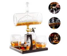 BQT Weißwein-Dekanter, Scotch Whisky Dekanter, 1000ML Alkoholisches Getränk, Edelstahl-Wasserhahn Spender - 4 Geätzte Weltkarte Gläser Set