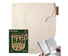 Nussmilchbeutel Eco aus Natur Baumwolle NECTARBAR Handgefertigter Filterbeutel/Seiher für pflanzliche Drinks, vegane Nussmilch, Passieren, Entsaften | 100% Plastikfrei RAW FOOD FILTER BAG + Anleitung