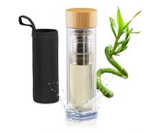 Relaxdays, Natur Teebereiter Bambus 500 ml, Reisen, Glas Teeflasche für unterwegs, Camping, doppelwandiger Teezubereiter, Edelstahl, Borosilikatglas, Standard
