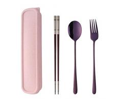 Do Buy Tragbares Outdoor Reise Besteck Lila Edelstahl 18/10 Campingbesteck to go Picknick Travel Schule Büro Lunch Besteck set für 1 person Länge 21+cm Koreanische Essstäbchen Tafelgabeln Suppenlöffel