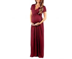 Transwen Schwangere Kleid, Damen Schwangerschaft V Kragen Kurzarm Kleid Mutterschaft Sommerkleid Mode Schwangerschaftskleid Langarm Maxi Kleid (L, Wein)