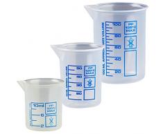 Drei Messbecher a 10, 50 und 100 ml, natur kleine Dosier-Becher, transparent Kosmetex Griffinbecher, Set klein