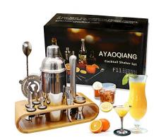 AYAOQIANG Cocktail Shaker Set Edelstahl 12-teiliges Cocktail Bar Set Bar Zubehör Cocktail Set 750 ML Cocktail Shaker mit Holzständer
