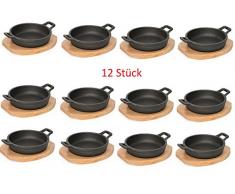 12 x Servierpfanne aus Gusseisen, mit Holzuntersetzer, zwei Griffe, nicht spülmaschinenfest, sehr robust, hohe Wärmehaltung, ideal geeignet zum Servieren / Ø 10 cm