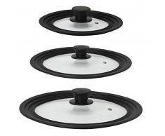 Steuber 3er Set Universal Glasdeckel für Töpfe und Pfannen 16/18/20 cm, 24/26/28 cm & 28/30/32 cm, mit Auslassventl und Silikonrand, schwarz