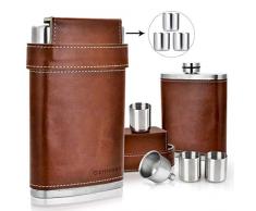 GENNISSY Edelstahl Flachmann 18/8- braunes Leder mit 3 Bechern und Trichter, 100% auslaufsicher, Edelstahl