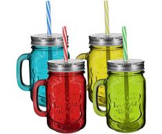 My-goodbuy24 4er Set Trinkbecher Trinkgläser Set Motiv mit Deckel und Strohhalm - Trinkglas - Cocktailglas - Glas - Gläser - Füllmenge 450 ml