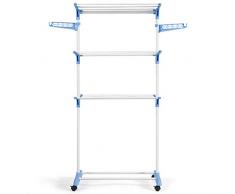 COSTWAY Wäscheständer faltbar, Wäschetrockner rollbar, Standtrockner, Kleiderständer mit Faltregalen, Schuhablage, schwenkbaren Haken (Blau)